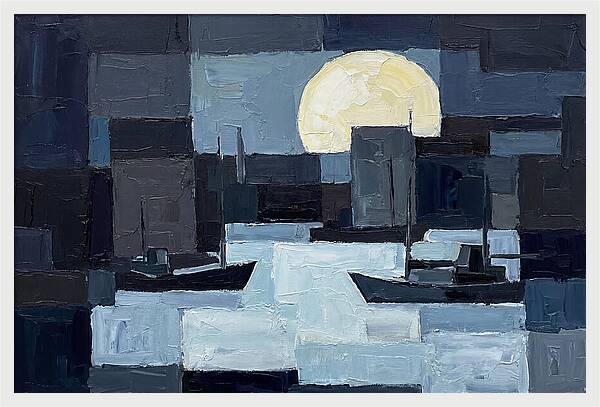 Winter Moon Over Frozen Harbor