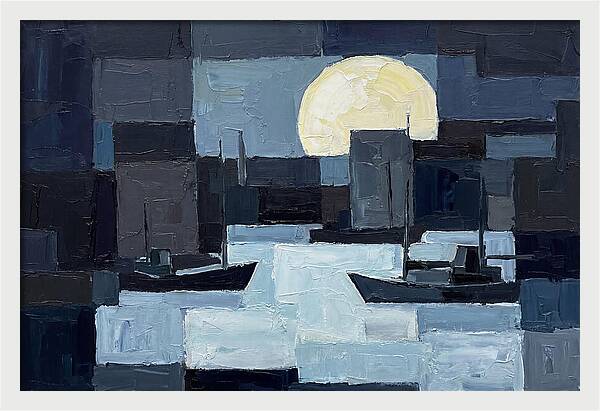 Winter Moon Over Frozen Harbor
