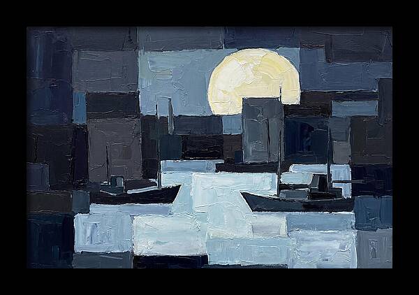 Winter Moon Over Frozen Harbor