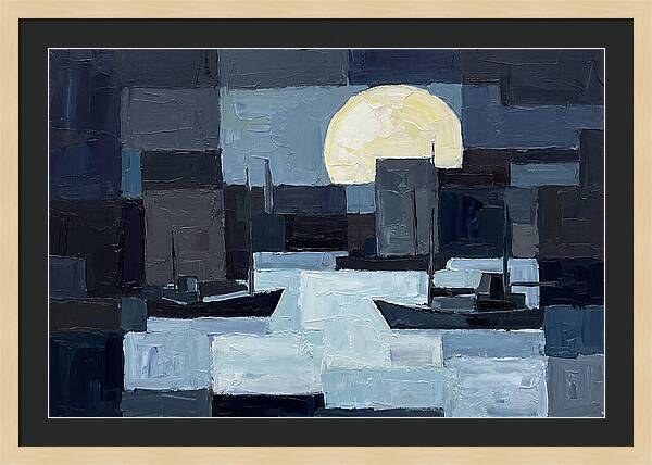 Winter Moon Over Frozen Harbor