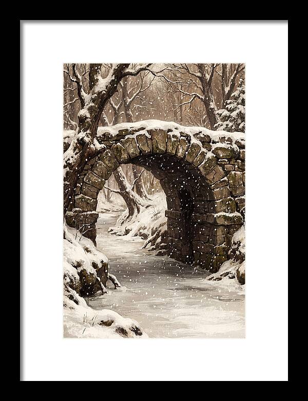 Winter Snowfall Over Old Stone Bridge