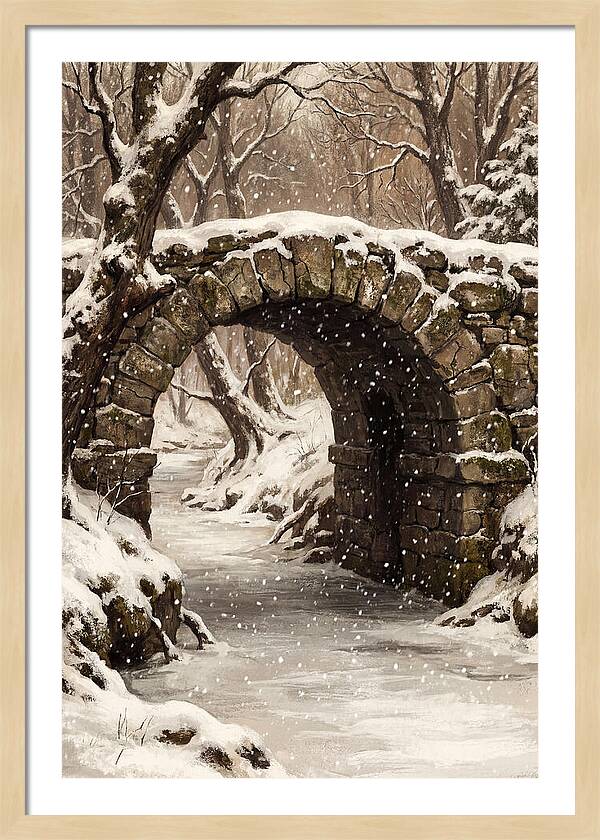 Winter Snowfall Over Old Stone Bridge