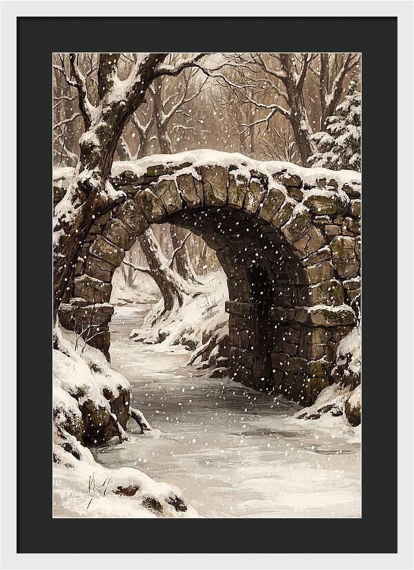 Winter Snowfall Over Old Stone Bridge