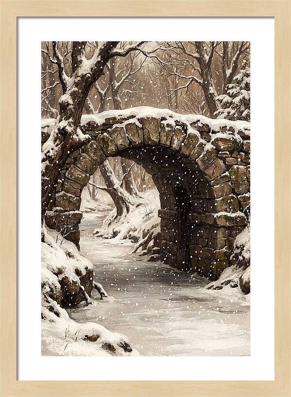 Winter Snowfall Over Old Stone Bridge