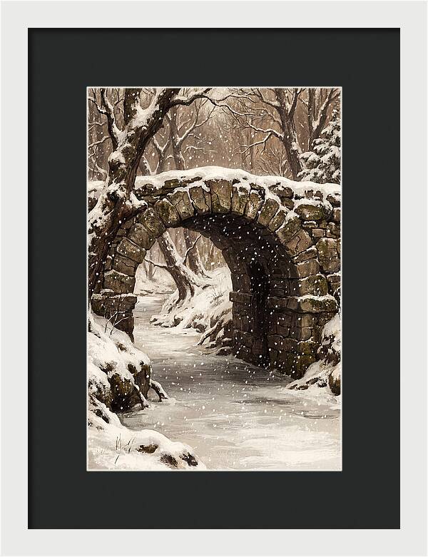 Winter Snowfall Over Old Stone Bridge