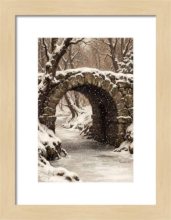 Winter Snowfall Over Old Stone Bridge