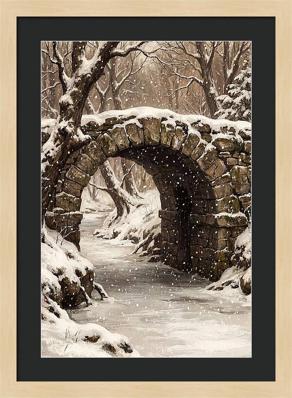 Winter Snowfall Over Old Stone Bridge
