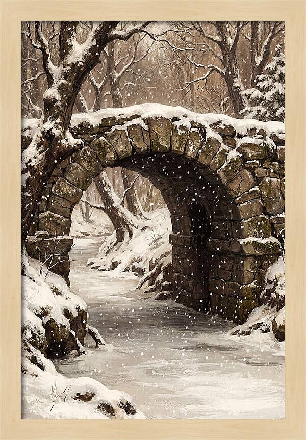 Winter Snowfall Over Old Stone Bridge