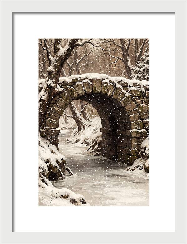 Winter Snowfall Over Old Stone Bridge