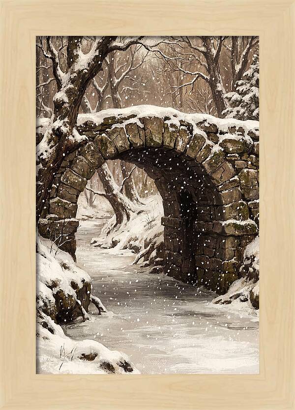 Winter Snowfall Over Old Stone Bridge