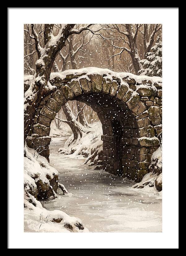 Winter Snowfall Over Old Stone Bridge