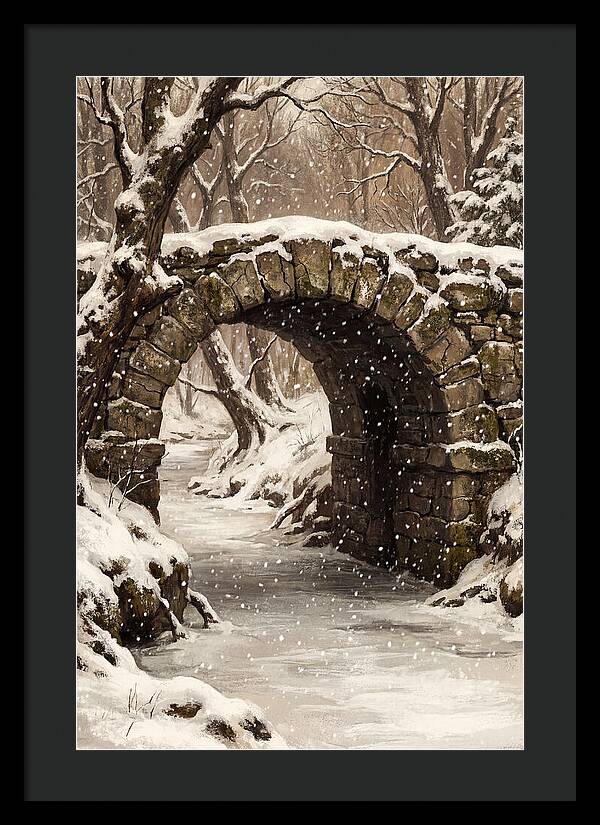 Winter Snowfall Over Old Stone Bridge