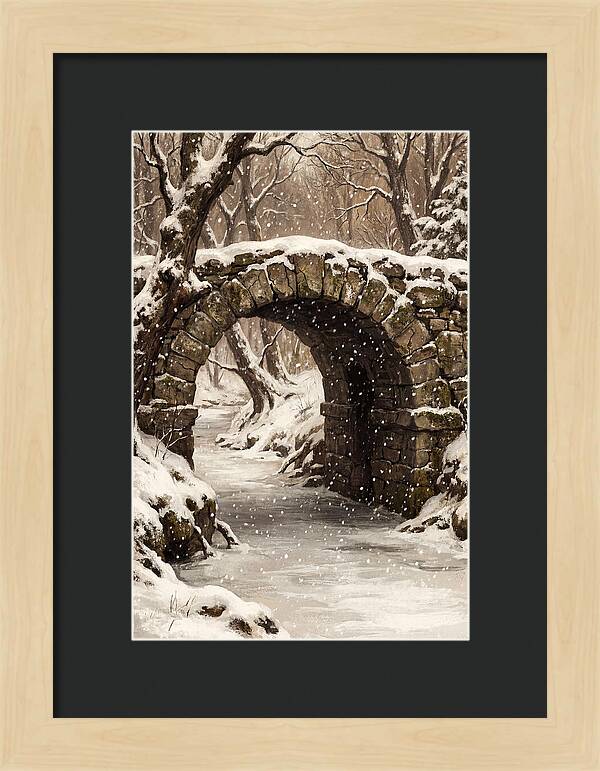 Winter Snowfall Over Old Stone Bridge