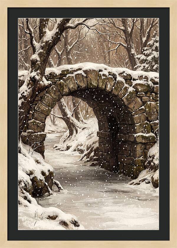 Winter Snowfall Over Old Stone Bridge