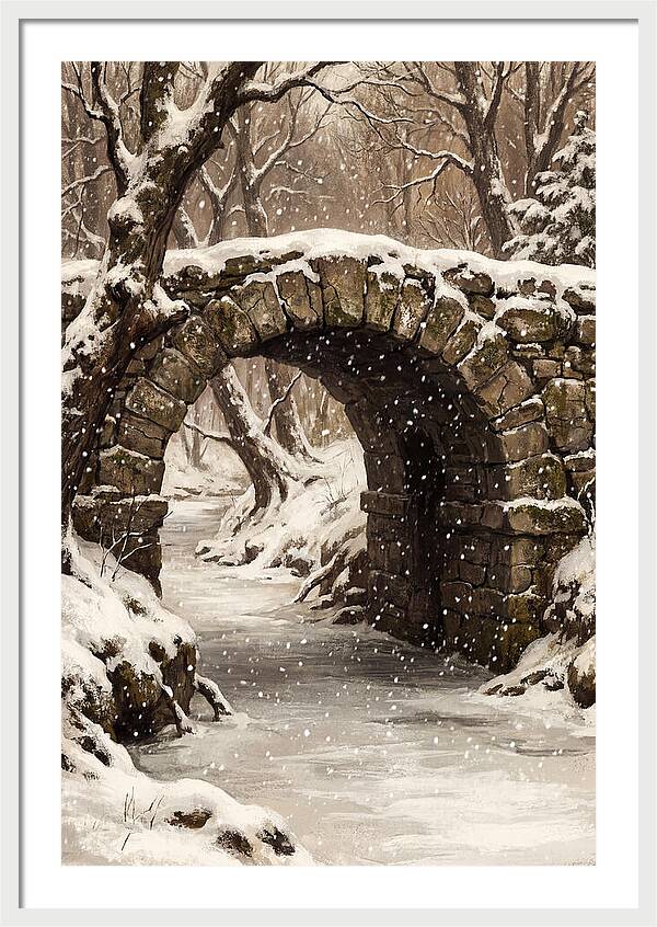 Winter Snowfall Over Old Stone Bridge