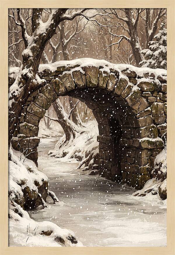 Winter Snowfall Over Old Stone Bridge
