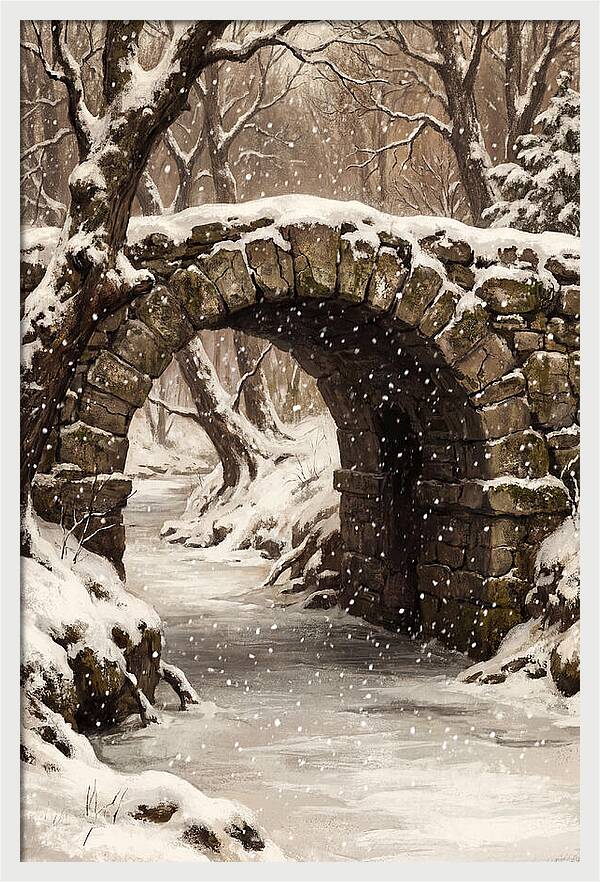 Winter Snowfall Over Old Stone Bridge