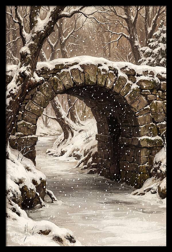 Winter Snowfall Over Old Stone Bridge