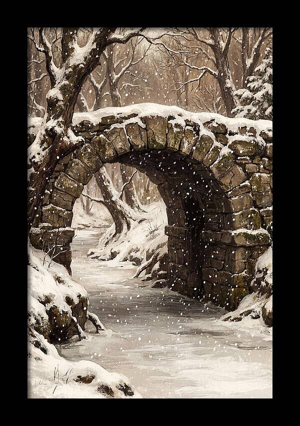 Winter Snowfall Over Old Stone Bridge