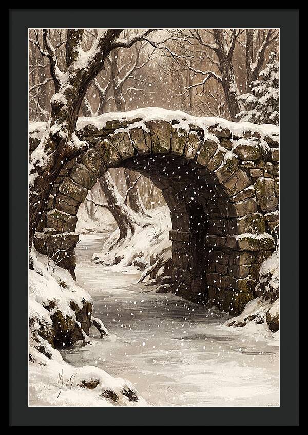 Winter Snowfall Over Old Stone Bridge