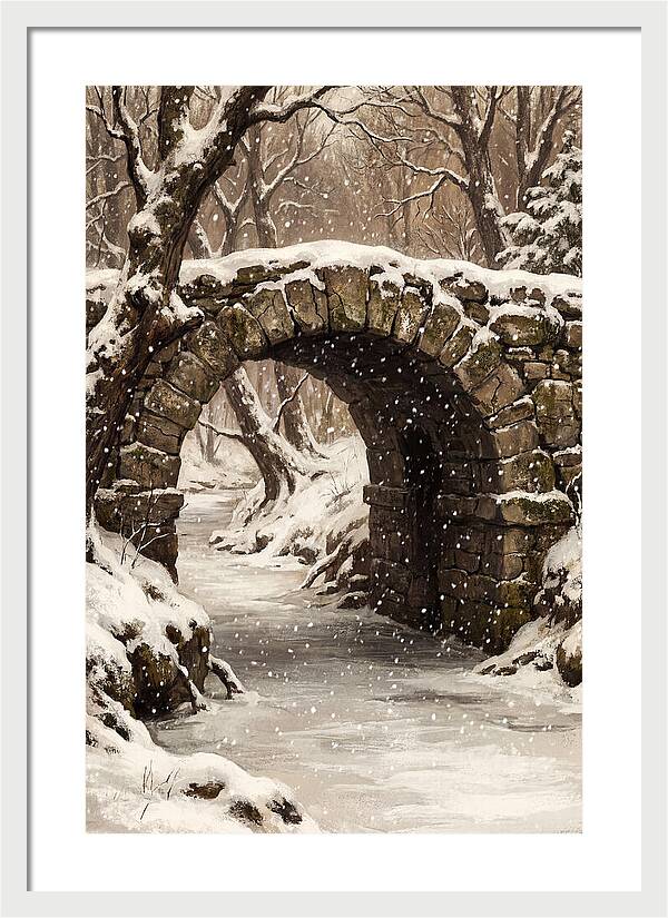 Winter Snowfall Over Old Stone Bridge