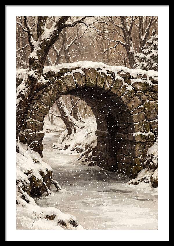 Winter Snowfall Over Old Stone Bridge