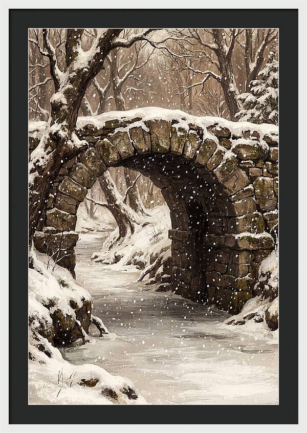 Winter Snowfall Over Old Stone Bridge