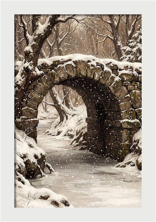 Winter Snowfall Over Old Stone Bridge