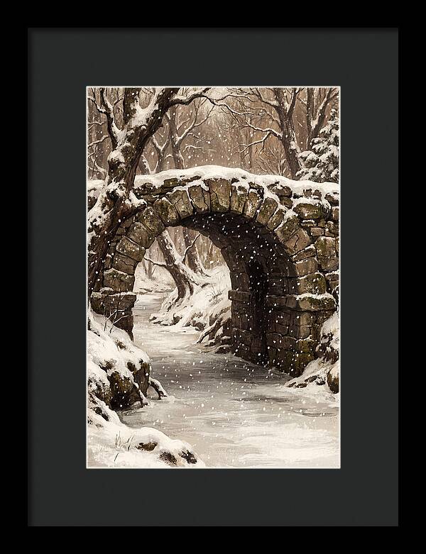 Winter Snowfall Over Old Stone Bridge