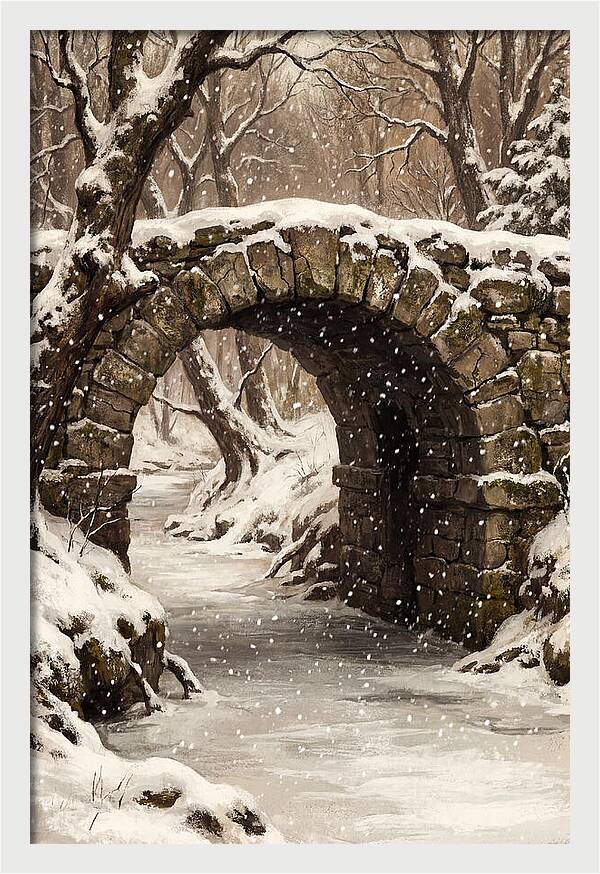 Winter Snowfall Over Old Stone Bridge