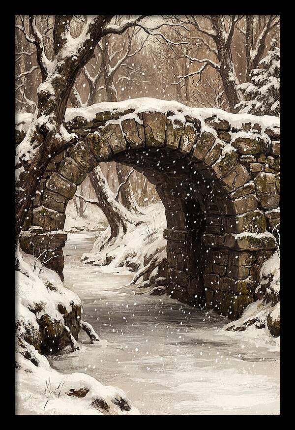 Winter Snowfall Over Old Stone Bridge