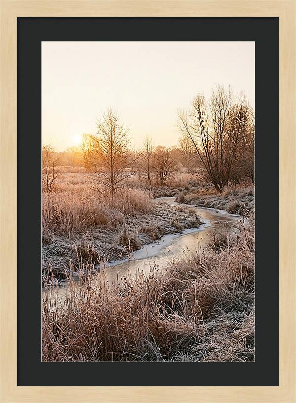 Winter Sunrise Over Frost Covered Meadow