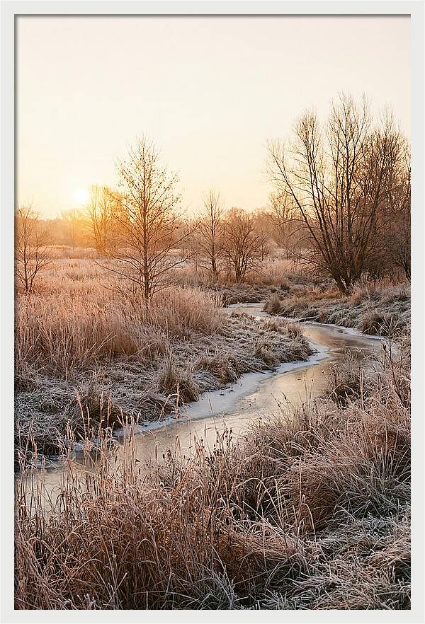 Winter Sunrise Over Frost Covered Meadow