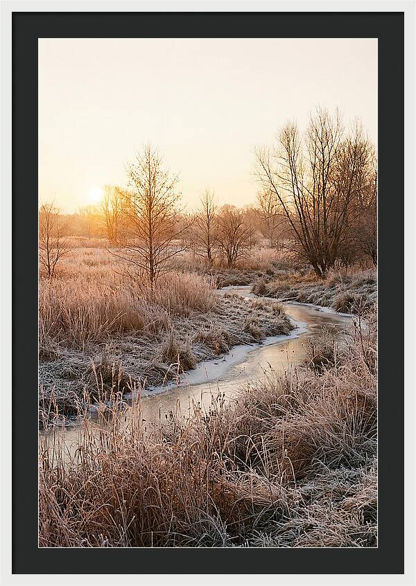 Winter Sunrise Over Frost Covered Meadow