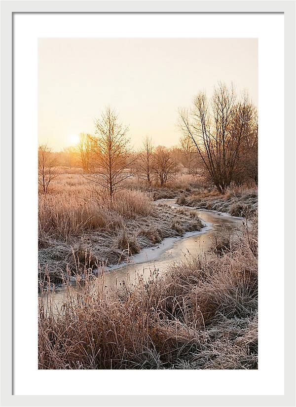 Winter Sunrise Over Frost Covered Meadow