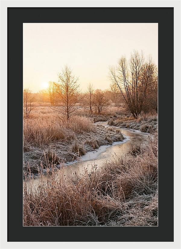 Winter Sunrise Over Frost Covered Meadow