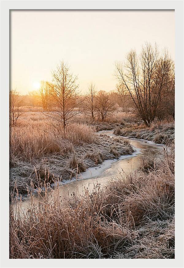 Winter Sunrise Over Frost Covered Meadow