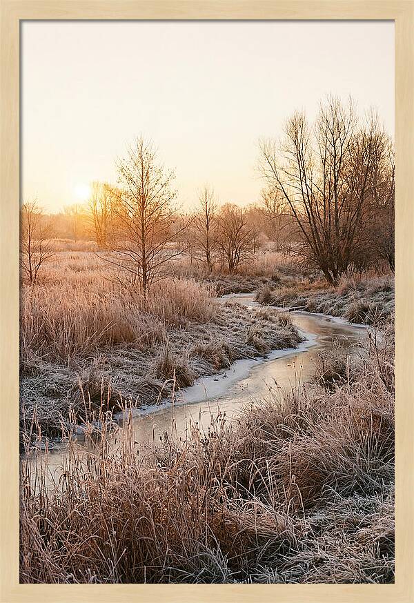 Winter Sunrise Over Frost Covered Meadow