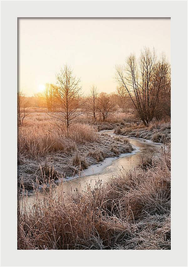 Winter Sunrise Over Frost Covered Meadow