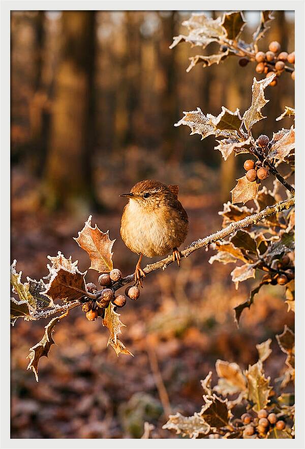 Winter Wren On Frosted Holly Branch