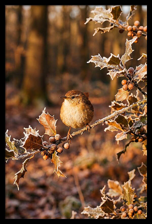 Winter Wren On Frosted Holly Branch