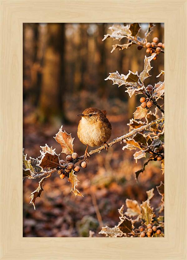 Winter Wren On Frosted Holly Branch