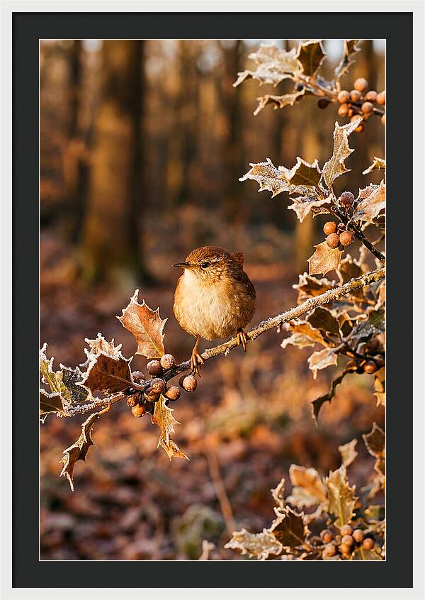 Winter Wren On Frosted Holly Branch