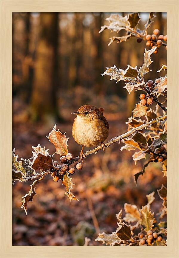 Winter Wren On Frosted Holly Branch