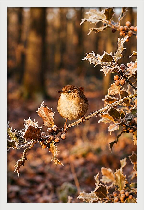 Winter Wren On Frosted Holly Branch