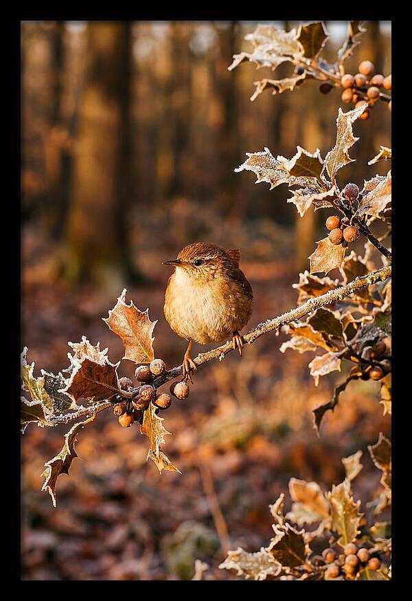 Winter Wren On Frosted Holly Branch