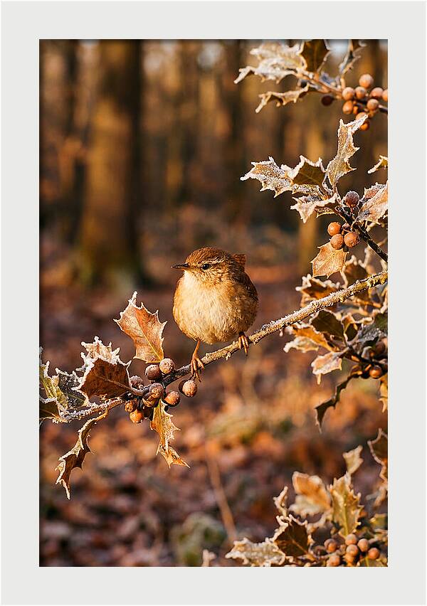 Winter Wren On Frosted Holly Branch