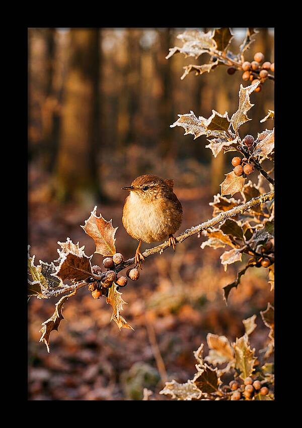 Winter Wren On Frosted Holly Branch