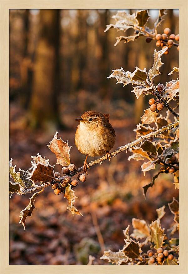 Winter Wren On Frosted Holly Branch