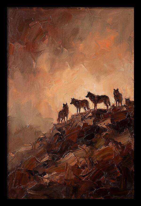 Wolf Pack Silhouetted On Ridge